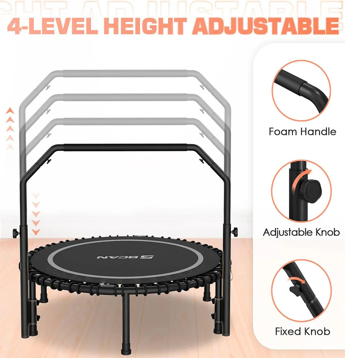 BCAN 450/550 LBS Foldable Mini Trampoline, 40"/48" Fitness Trampoline with Bungees, U Shape Adjustable Foam Handle, Stable & Quiet Exercise Rebounder for Adults Indoor/Outdoor Workout - image 56