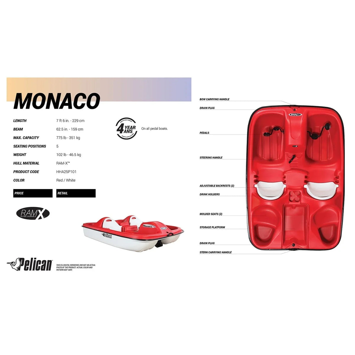 Pelican Sport - PEDAL BOAT MONACO - Adjustable 5 Seat Pedal Boat, Red/White - image 7