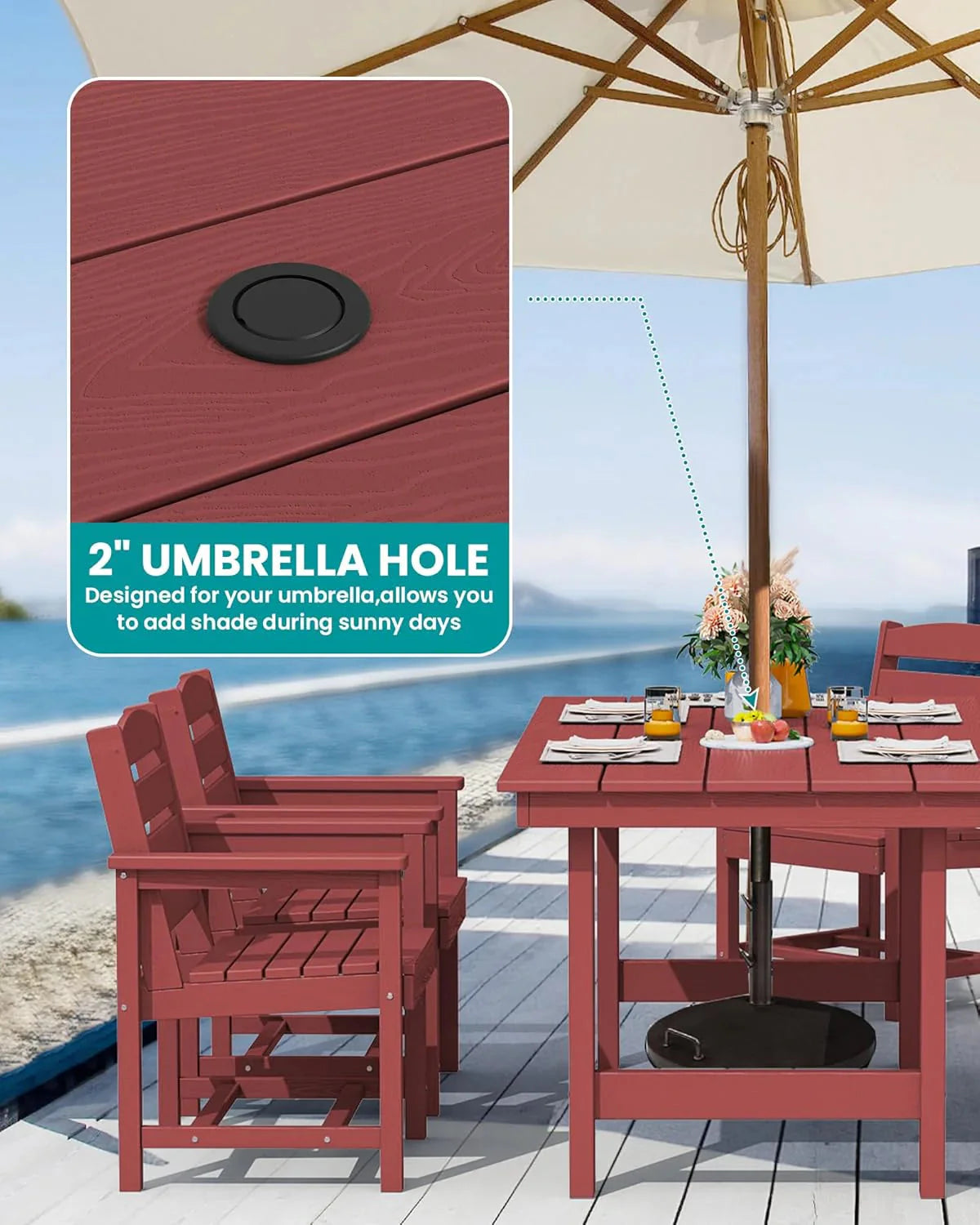 SERWALL 7-Piece Patio Table Set, Outdoor HDPE Dining Furniture with Umbrella Hole, All Weather Table and Chairs for Lawn, Garden, Poolside, Aruba - image 27