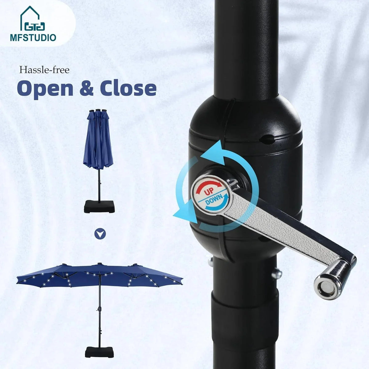 15ft Double Sided Patio Umbrella with Solar Lights, Outdoor Large Umbrellas with Crank Handle and 36 LED Lights, Rectangular Market Umbrella with Base Included for Deck Pool Shade - image 7