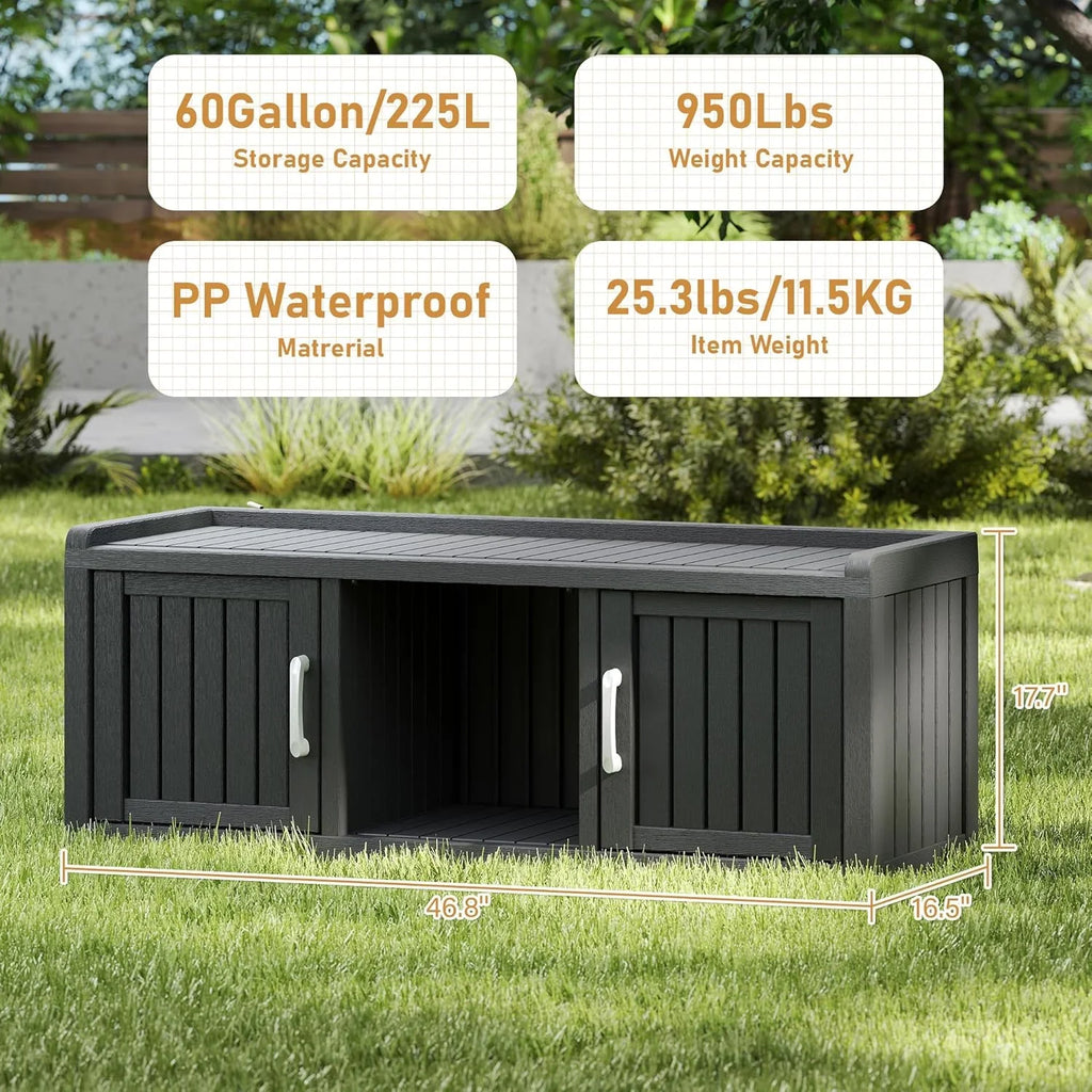 KAMABOKO Outdoor Shoe Storage Cabinet, Waterproof UV-Resistant Entryway Storage Bench Indoor Outdoor with 2 Barn Doors, Adjus