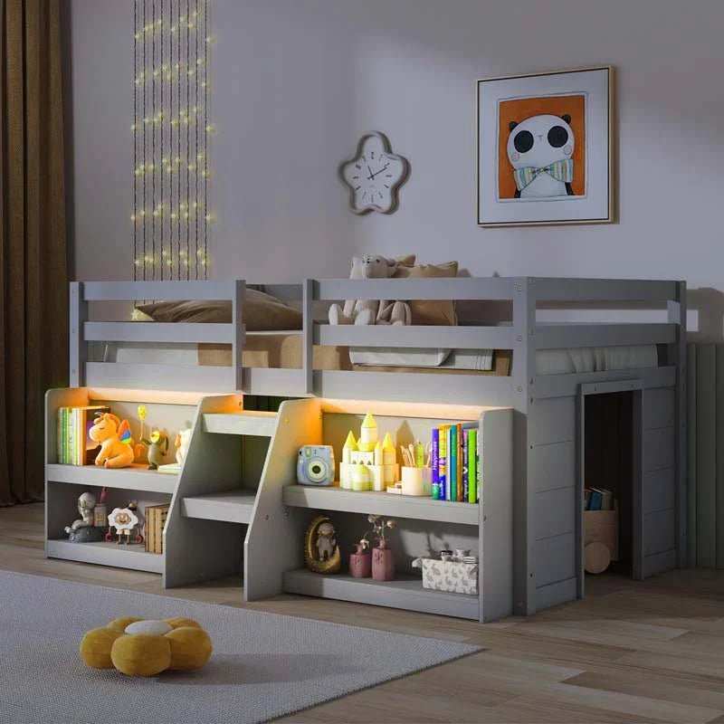 Kids Twin Size Loft Bed with LED Lights, Stairs & Safety Guardrail, Storage Bookcase and Under-bed Play Space - image 5