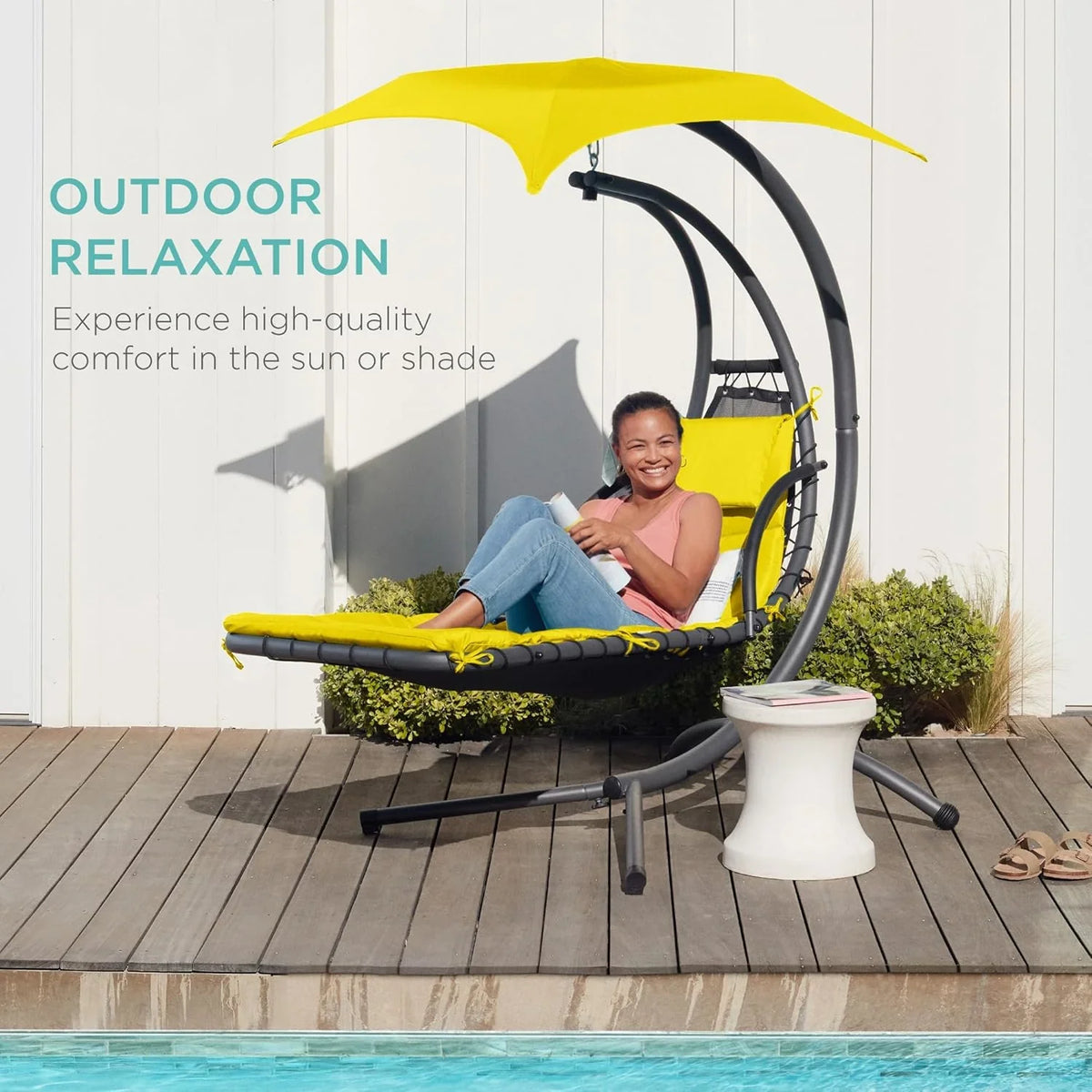Best Choice Products Outdoor Hanging Curved Steel Chaise Lounge Chair Swing w/Built-in Pillow and Removable Canopy - Charcoal