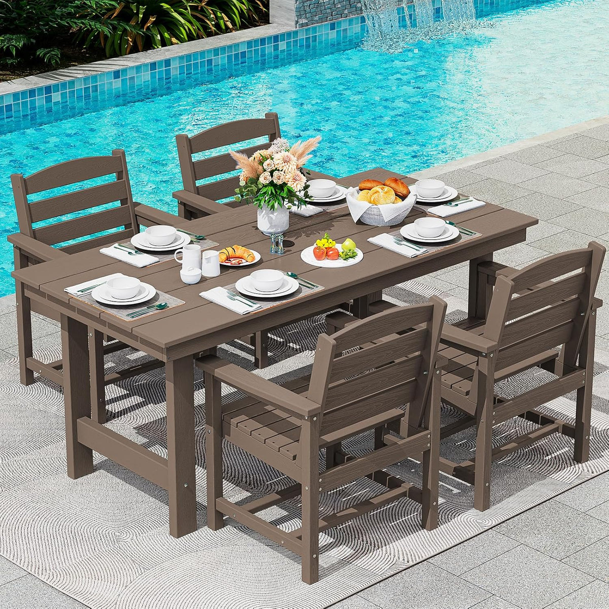 SERWALL 7-Piece Patio Table Set, Outdoor HDPE Dining Furniture with Umbrella Hole, All Weather Table and Chairs for Lawn, Garden, Poolside, Aruba - image 33
