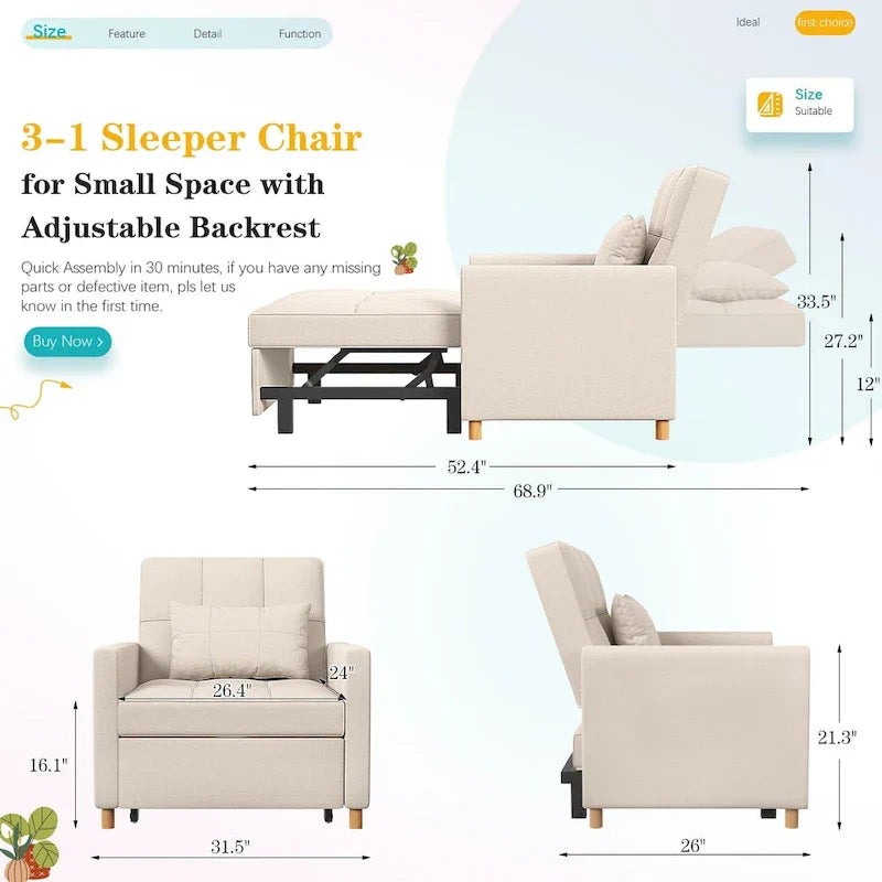 AECOJOY 3-in-1 Convertible Sleeper Sofa Chair with Pillow and Adjustable Backrest - image 3
