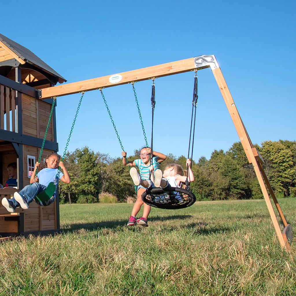 Canyon Creek Cedar Wood Swing Set with Wave Slide, Clubhouse, Play Kitchen, Picnic Area, Belt Swings, Web Swing, Rock Wall, B