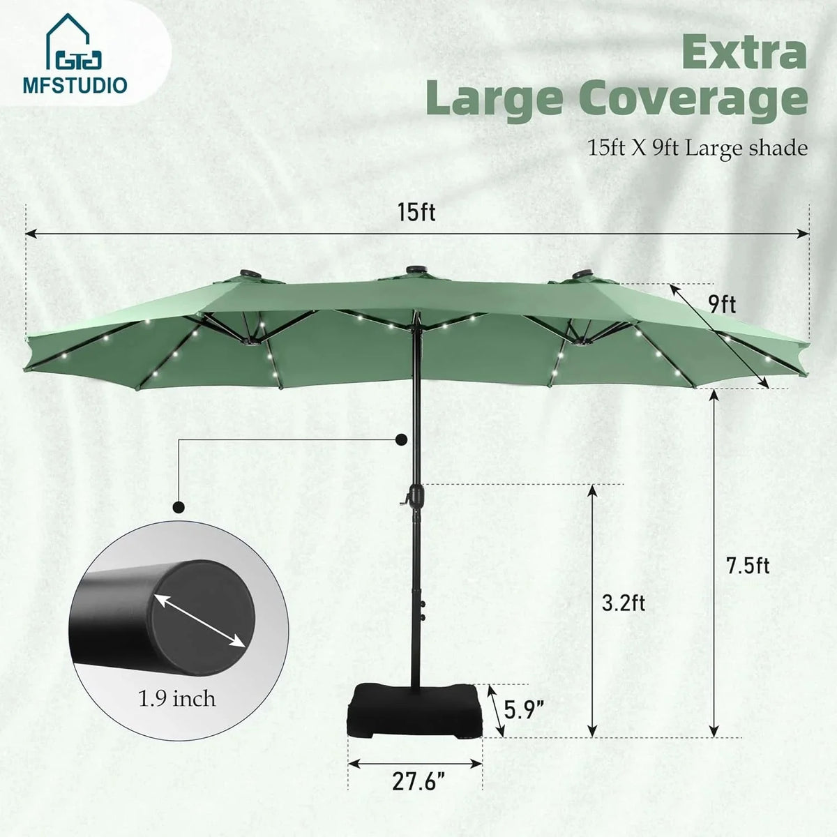 15ft Double Sided Patio Umbrella with Solar Lights, Outdoor Large Umbrellas with Crank Handle and 36 LED Lights, Rectangular Market Umbrella with Base Included for Deck Pool Shade - image 4