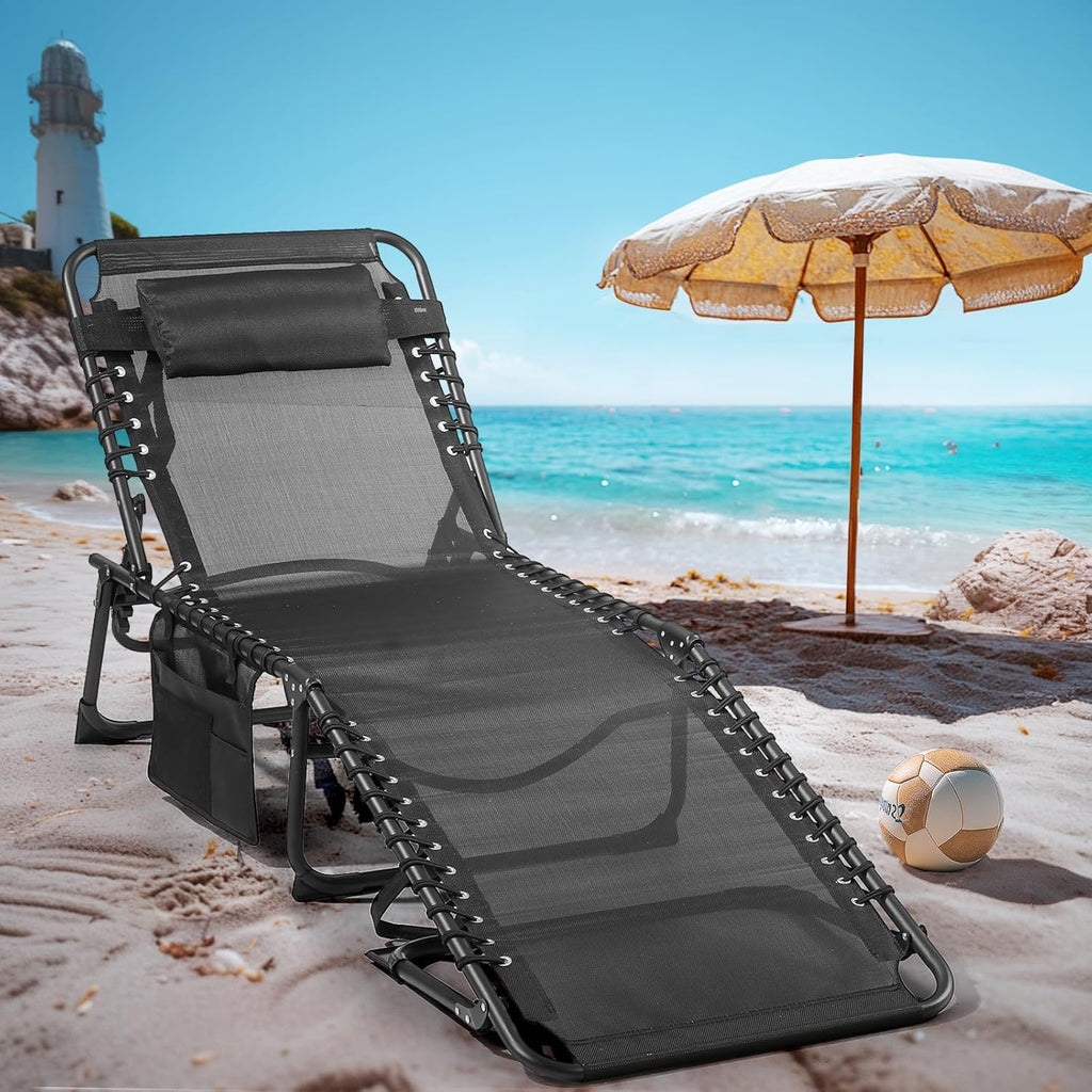 Unovivy Outdoor Chaise Lounge Chairs Set of 2, Portable Folding Pool Lounge Chair with 5-Position Reclining Back, Teslin Tann