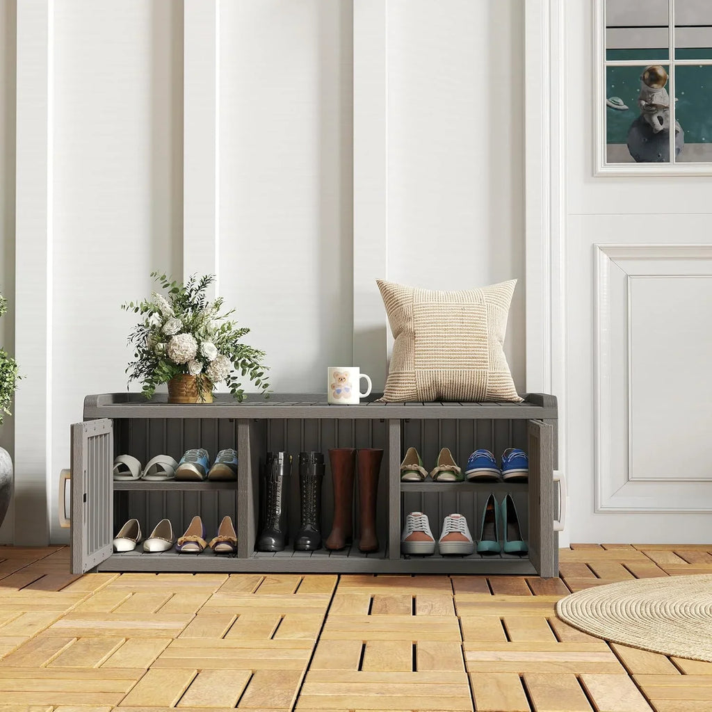 KAMABOKO Outdoor Shoe Storage Cabinet, Waterproof UV-Resistant Entryway Storage Bench Indoor Outdoor with 2 Barn Doors, Adjus