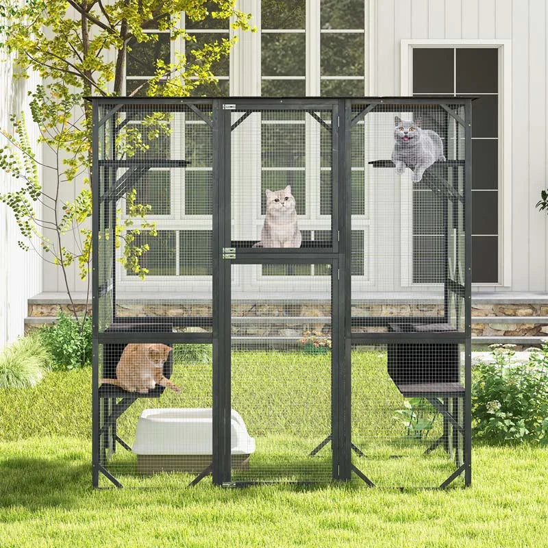 71" Tall Large Cat House Outdoor Catio Kitty Enclosure, Walk-in Cat Kennel Condo, Wooden Cat Cage Playpen with 7 Platforms - image 6
