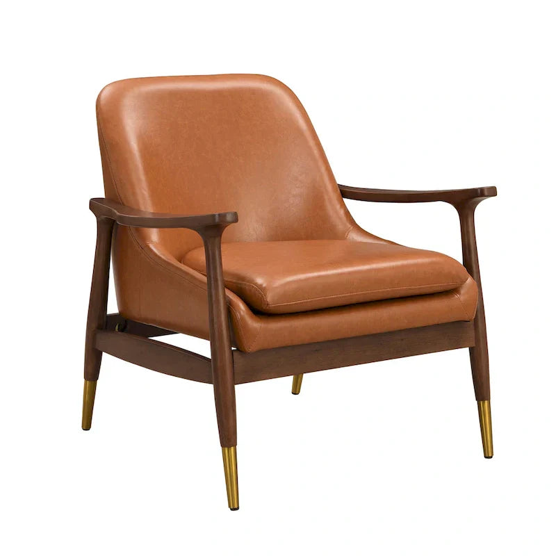Mid-Century Modern Faux Leather Accent Chair - 29.2", Cushioned Seat, Sturdy Wood Frame, and Brass-Tipped Legs - image 4