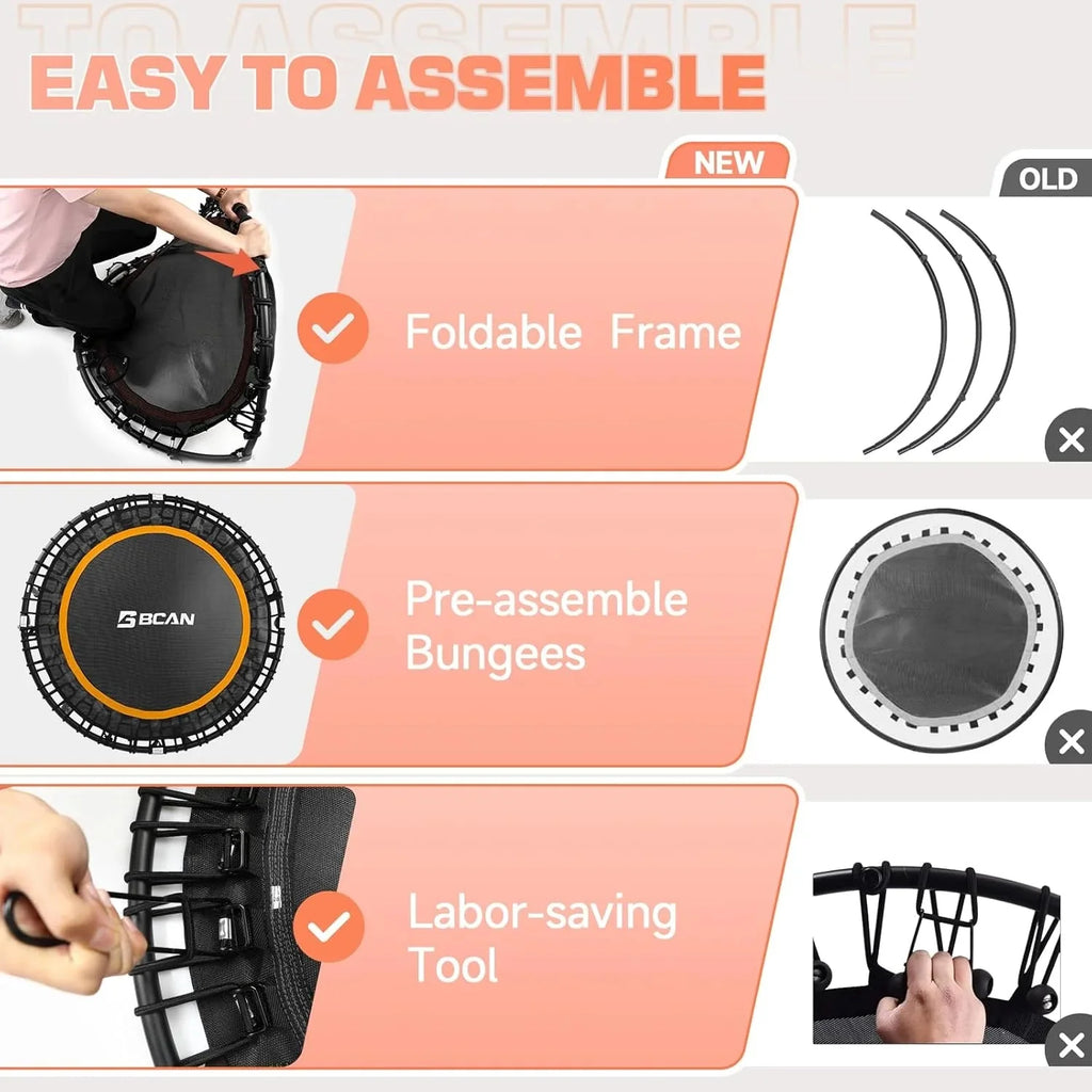 BCAN 450/550 LBS Foldable Mini Trampoline, 40"/48" Fitness Trampoline with Bungees, U Shape Adjustable Foam Handle, Stable & Quiet Exercise Rebounder for Adults Indoor/Outdoor Workout - image 64
