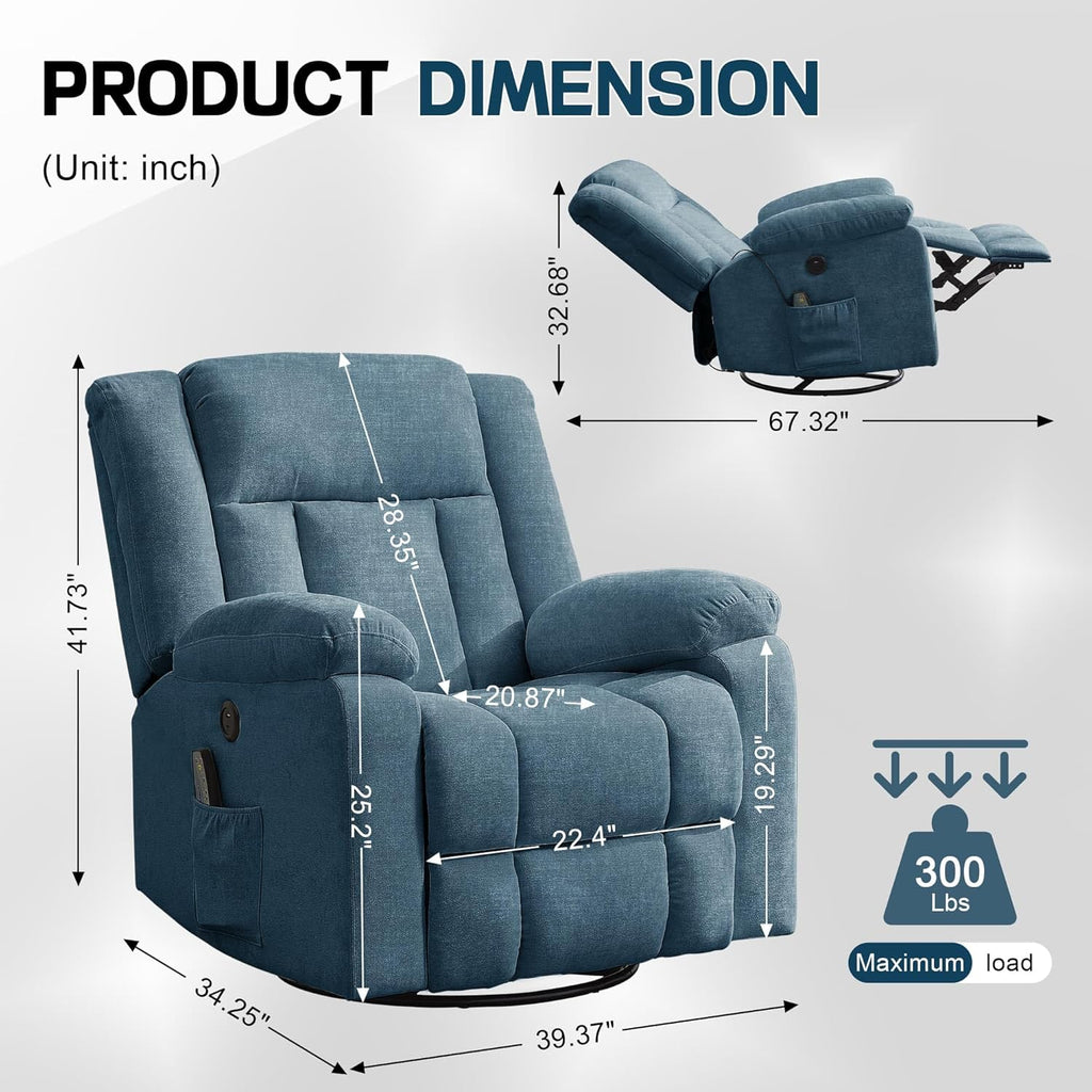 Rocker Recliner, Glider Recliner Chairs for Adults, 360° Swivel Rocking Chair with Massage and Heating, Nursery Chair with Storage and USB Charging for Living Room, Bedroom, Nursery - image 13