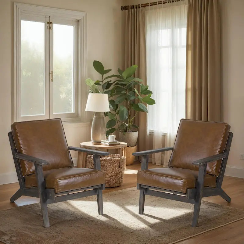 Handcrafted Amber Accent Chair with Slatted Mango Wood, Buffalo Leather Cushions, and Angled Legs - image 3