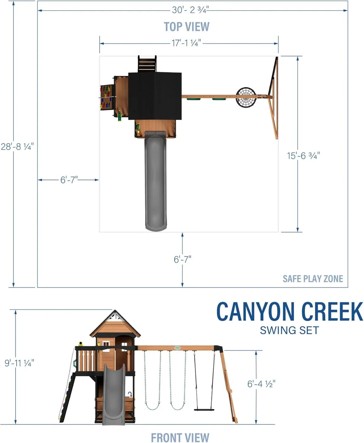 Canyon Creek Cedar Wood Swing Set with Wave Slide, Clubhouse, Play Kitchen, Picnic Area, Belt Swings, Web Swing, Rock Wall, B