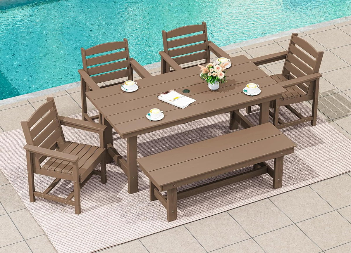 SERWALL 7-Piece Patio Table Set, Outdoor HDPE Dining Furniture with Umbrella Hole, All Weather Table and Chairs for Lawn, Garden, Poolside, Aruba - image 66