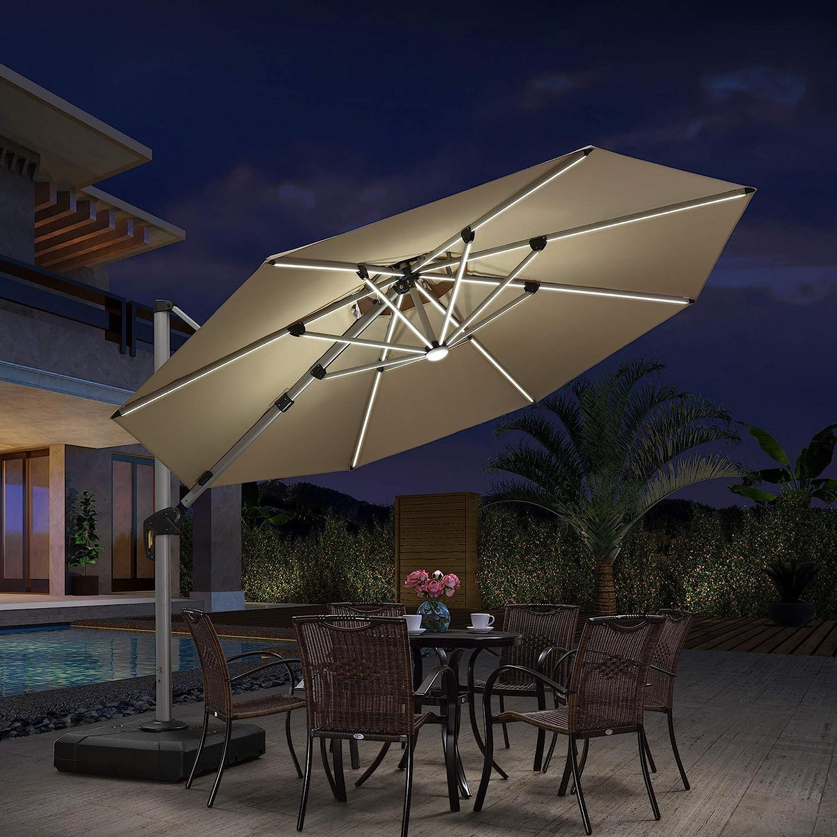 12ft Solar LED Patio Umbrella Outdoor Round Umbrella Large Cantilever Umbrella with LED Lights Windproof Bias Umbrella Heavy 