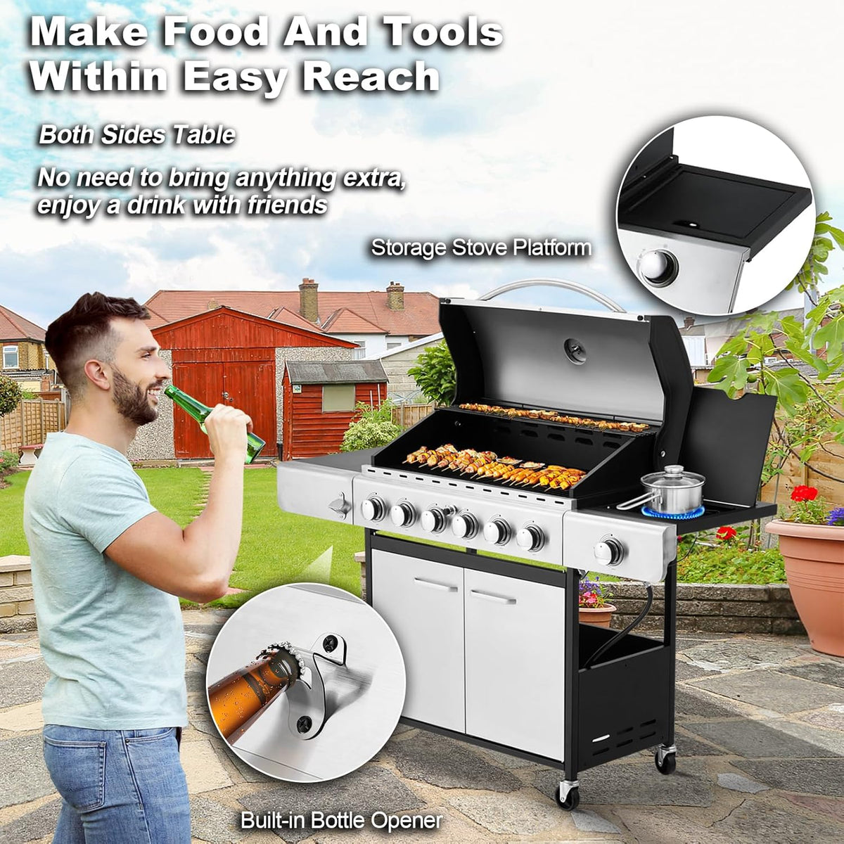 Upgraded 4 Burner BBQ Propane Gas Grill with Cast Iron Grates & Side Stove, 44,000 BTU Stainless Steel Burner Barbecue Grill 