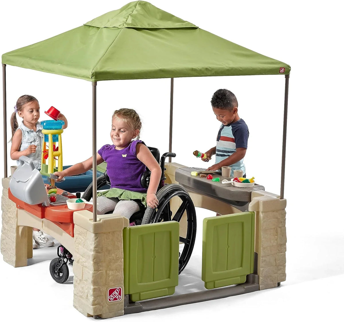 All-round play patio with canopy, kids indoor and outdoor kitchen play set