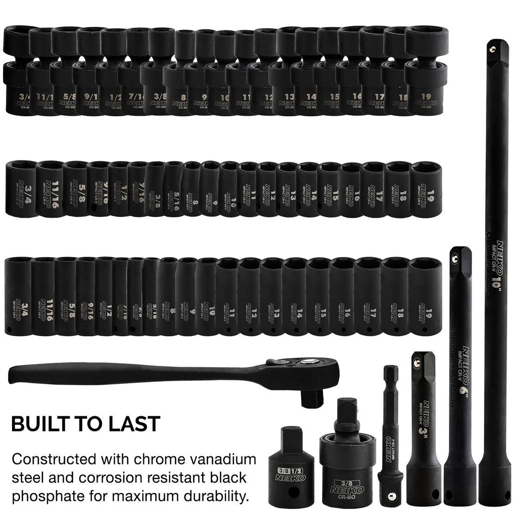 NEIKO 02471A Impact Socket Set, 3/8- Drive, 67 Piece, Metric and Standard Master Socket Set with Shallow & Deep Sockets, Ratchet, Swivel Sockets - image 2