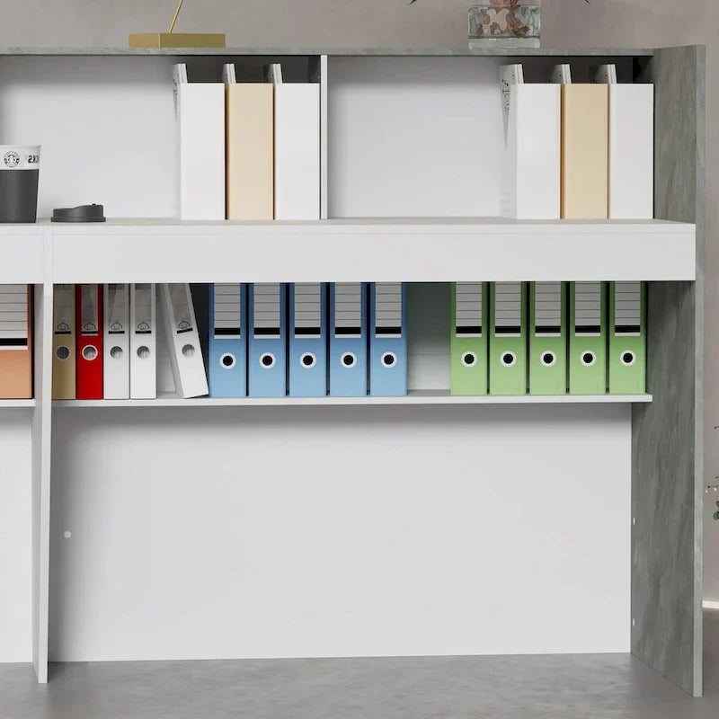 White Reception Desk with Computer Surface and Four Shelves - image 11