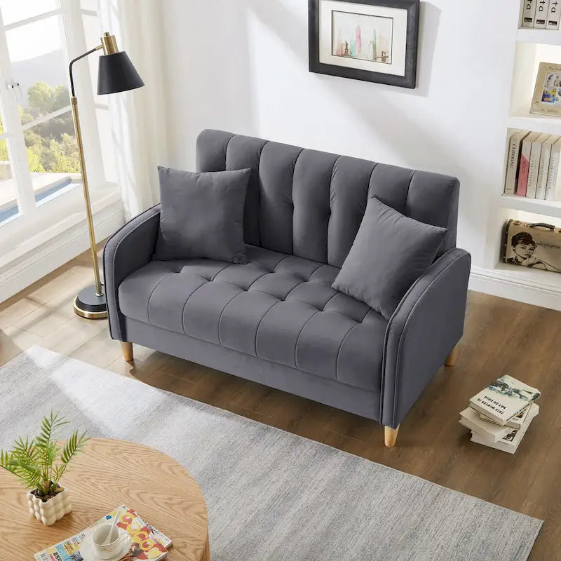 Contemporary Velvet Tufted Loveseat for Small Living Spaces - Beige Upholstered Sofa - image 32