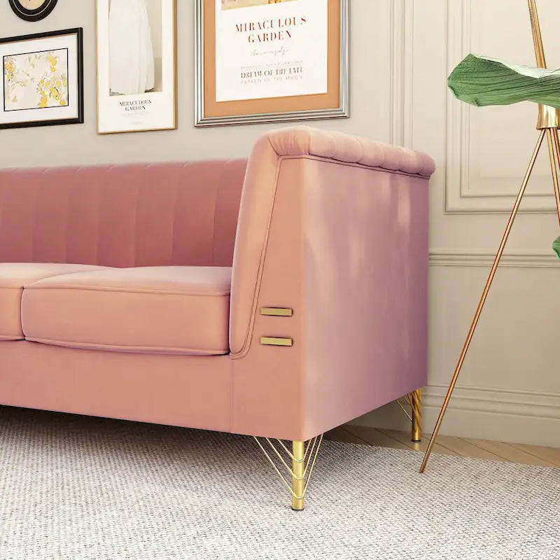 Contemporary Velvet Upholstered 3-Seat Sofa with Golden Metal Legs - Pink Living Room Couch (83.46" x 30.51" x 31.9") - image 1