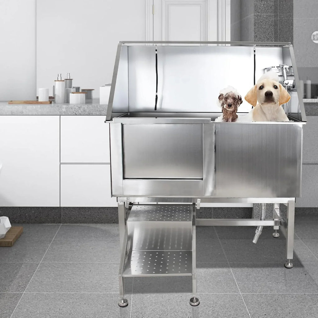 50" Dog Wash Bathtub, Pet Wash Station, Professional Stainless Steel Dog Grooming Tub with Ramp, Faucet, Sprayer, Drain Kit, 