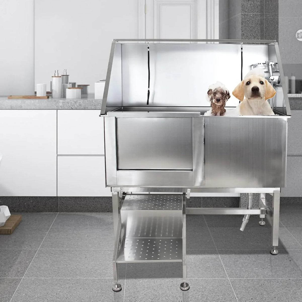 50" Dog Wash Bathtub, Pet Wash Station, Professional Stainless Steel Dog Grooming Tub with Ramp, Faucet, Sprayer, Drain Kit, 