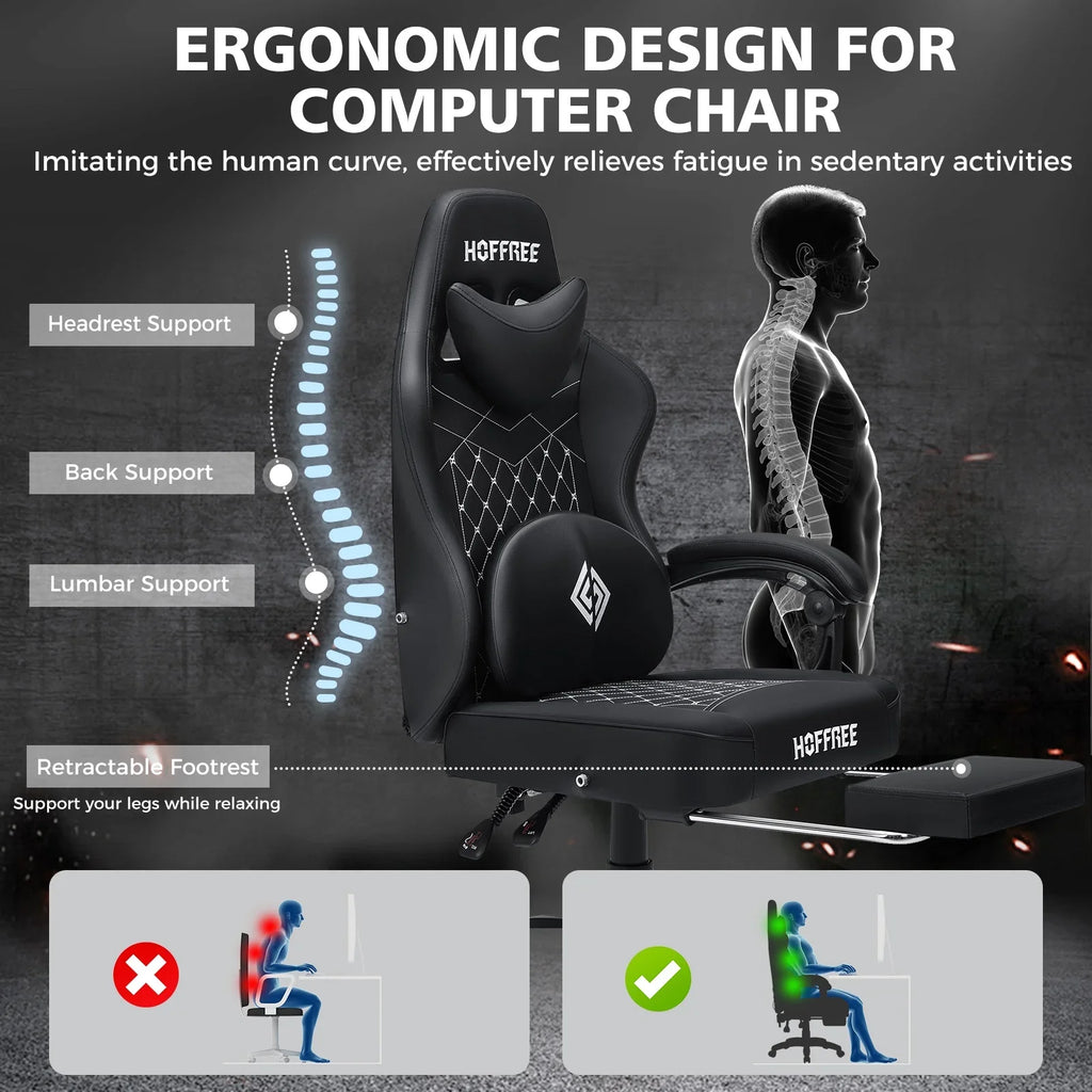 Hoffree Gaming Chair with Massage and Footrest Big and Tall Gamer Chair with Headrest and Lumbar Support PU Computer Game Chair for Adults Office - image 10