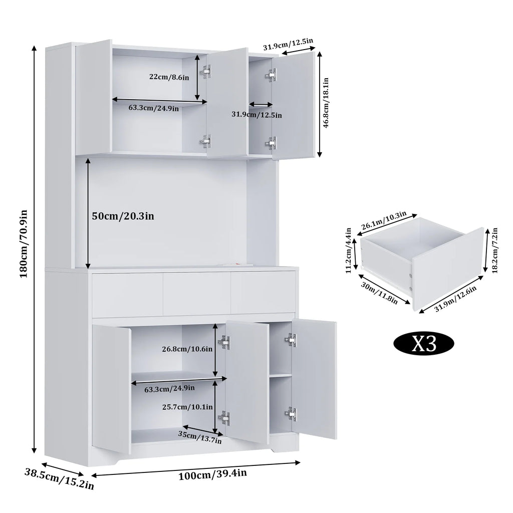 Homfa 70.9'' Tall Kitchen Pantry Cabinet with Charge Station & Led Light, 3 Drawer Storage Cabinet with Adjustable Shelves, White - image 21