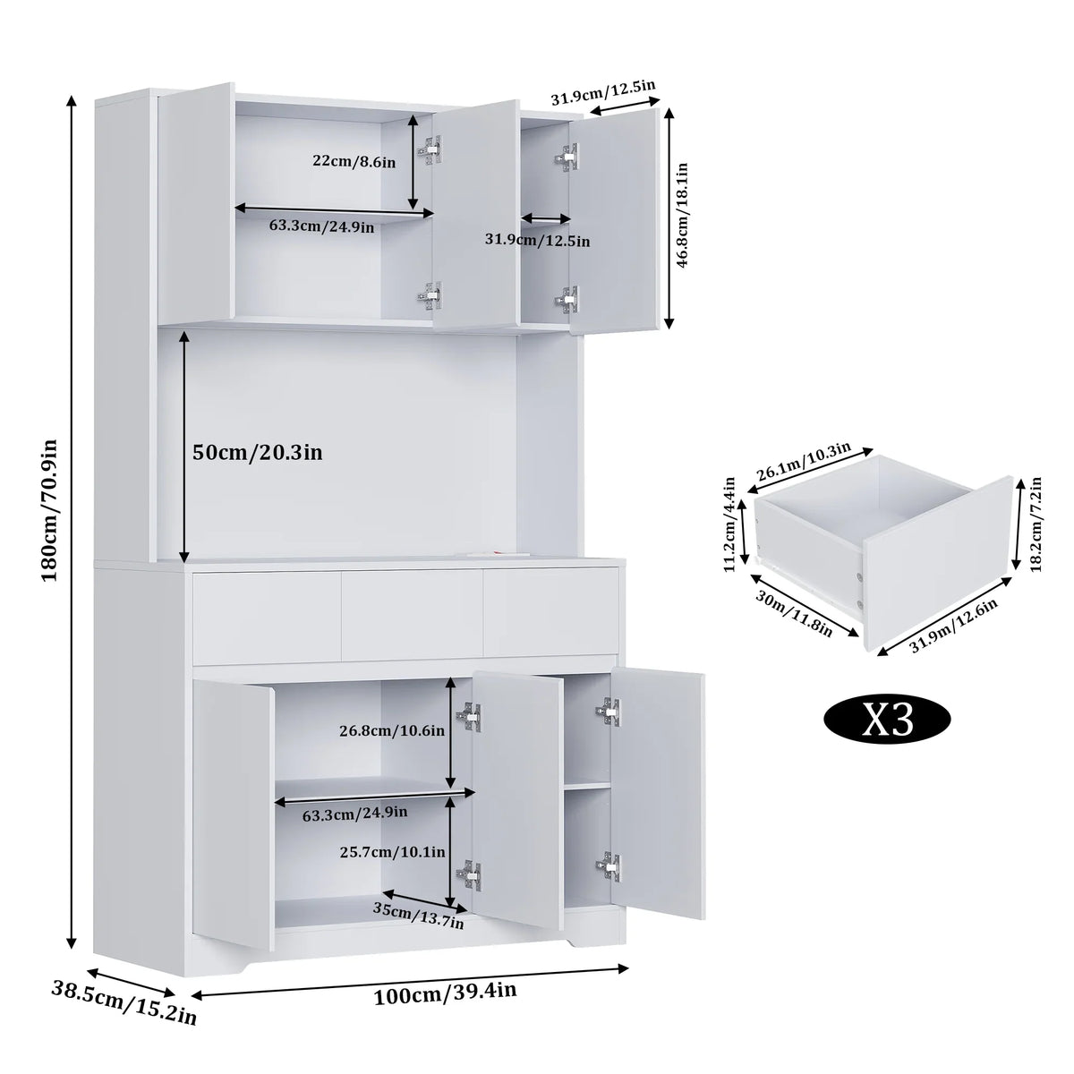 Homfa 70.9'' Tall Kitchen Pantry Cabinet with Charge Station & Led Light, 3 Drawer Storage Cabinet with Adjustable Shelves, White - image 21