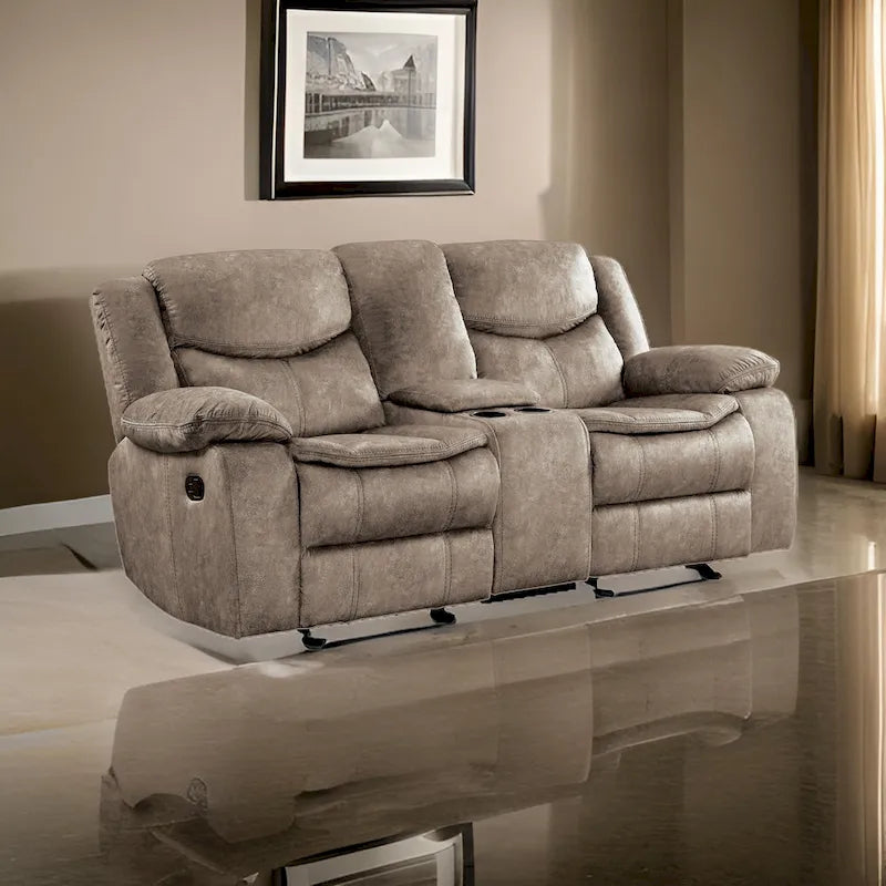 Joe 79-Inch Manual Dual Glider Recliner Loveseat with Console in Brown Microfiber - image 1