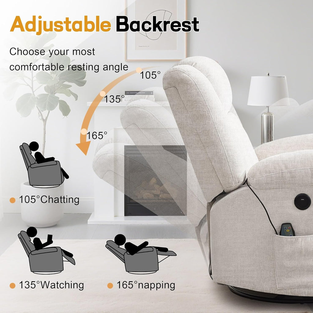 Rocker Recliner, Glider Recliner Chairs for Adults, 360° Swivel Rocking Chair with Massage and Heating, Nursery Chair with Storage and USB Charging for Living Room, Bedroom, Nursery - image 4