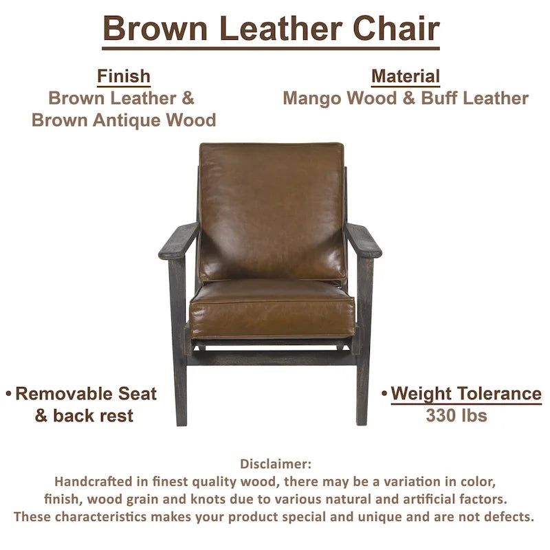 Handcrafted Amber Accent Chair with Slatted Mango Wood, Buffalo Leather Cushions, and Angled Legs - image 7