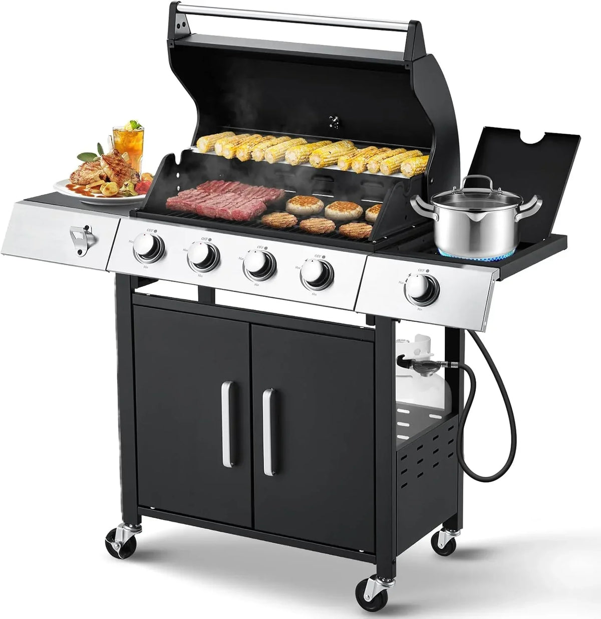 Upgraded 4 Burner BBQ Propane Gas Grill with Cast Iron Grates & Side Stove, 44,000 BTU Stainless Steel Burner Barbecue Grill 