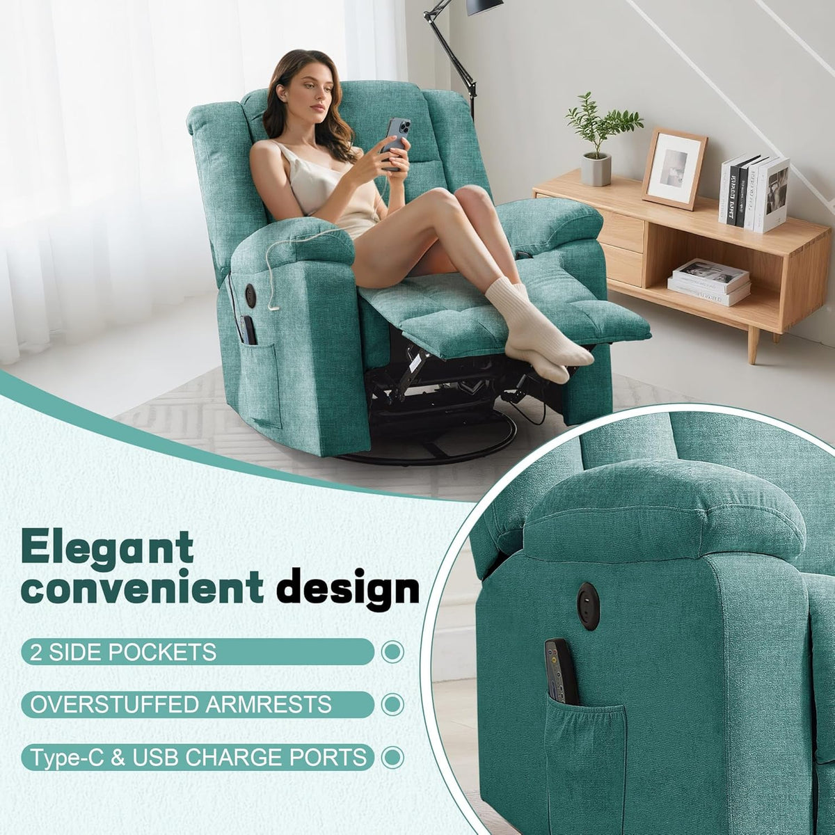 Rocker Recliner, Glider Recliner Chairs for Adults, 360° Swivel Rocking Chair with Massage and Heating, Nursery Chair with Storage and USB Charging for Living Room, Bedroom, Nursery - image 32