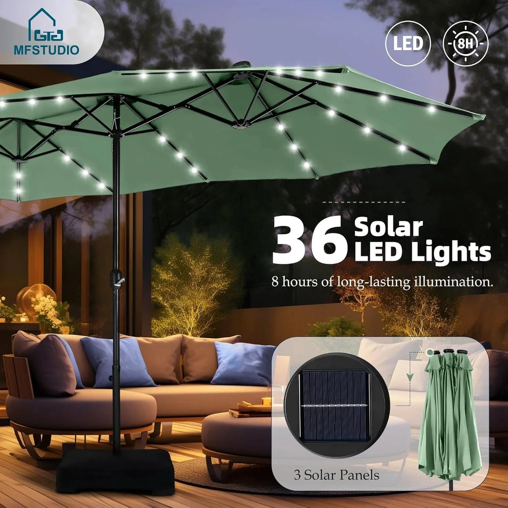 15ft Double Sided Patio Umbrella with Solar Lights, Outdoor Large Umbrellas with Crank Handle and 36 LED Lights, Rectangular Market Umbrella with Base Included for Deck Pool Shade - image 2