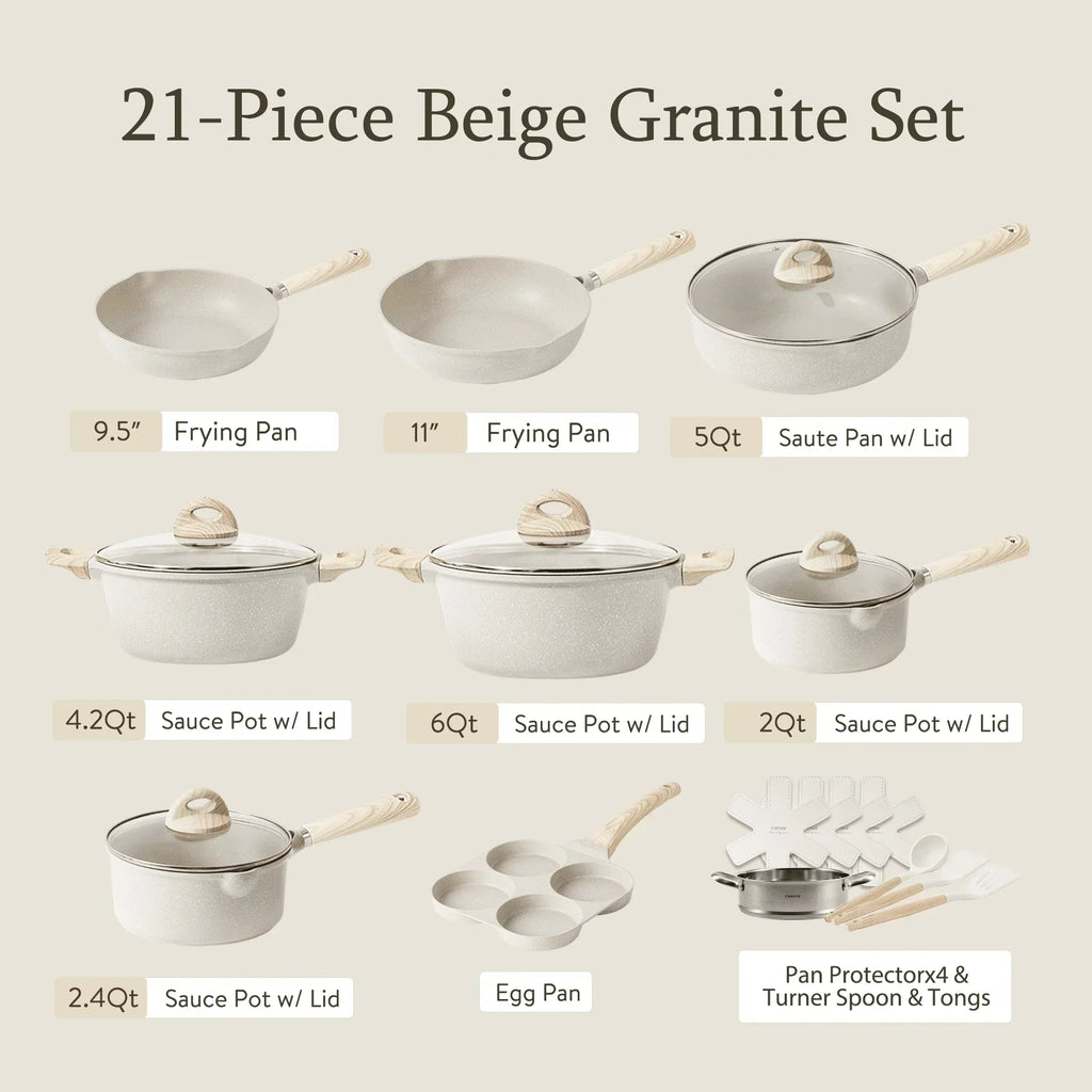 Non Stick Pots and Pans Set, 21 Pcs Induction Kitchen Cookware Sets (Beige Granite)