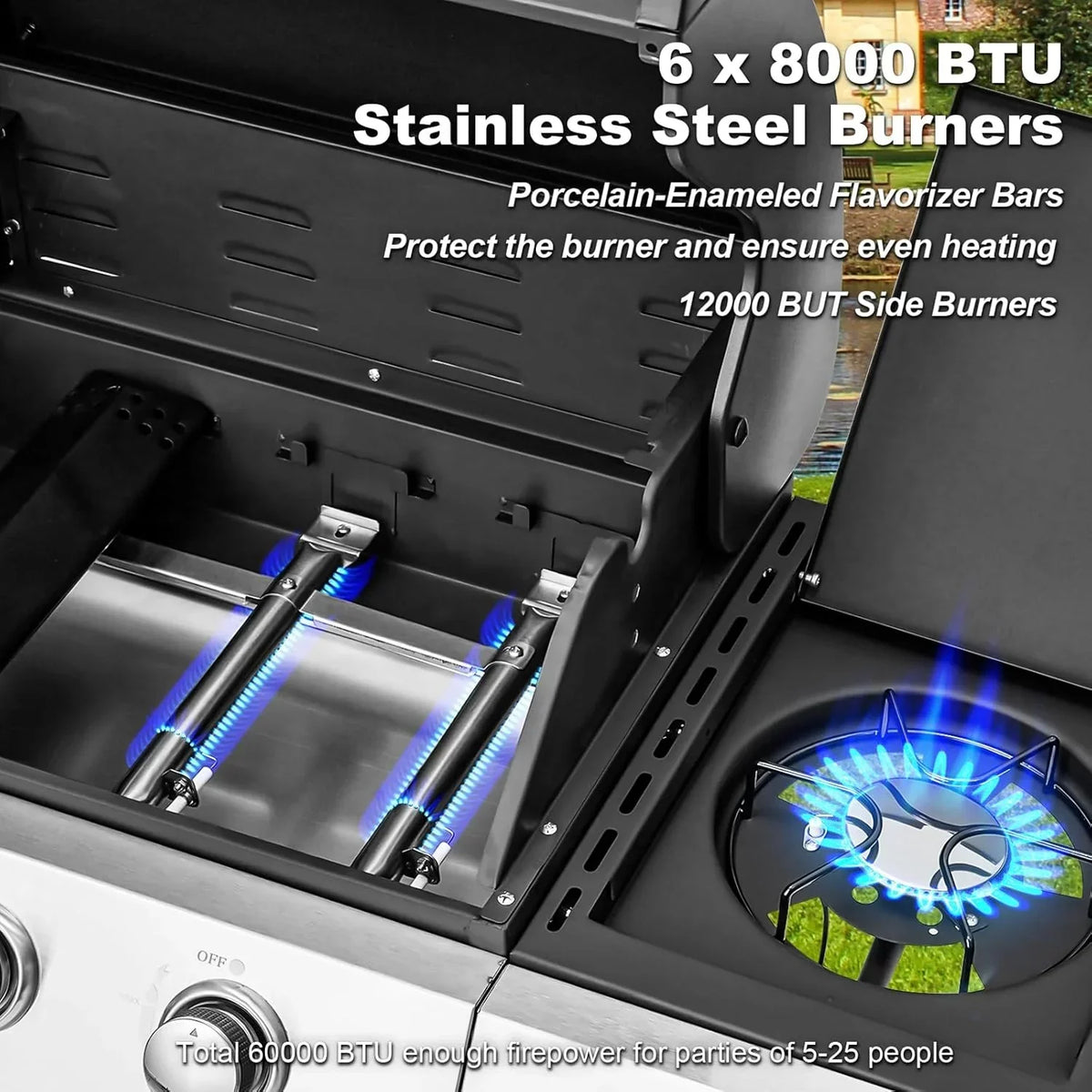 Upgraded 4 Burner BBQ Propane Gas Grill with Cast Iron Grates & Side Stove, 44,000 BTU Stainless Steel Burner Barbecue Grill 