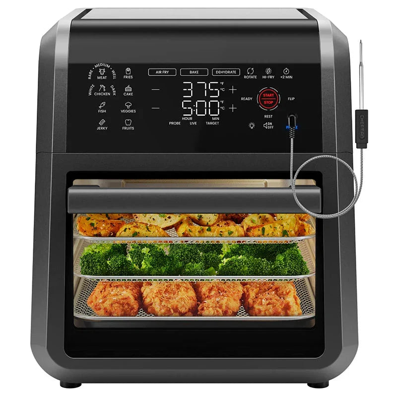 12 Quart 5-in-1 Air Fryer with Integrated Smart Thermometer, 28 Presets - Black