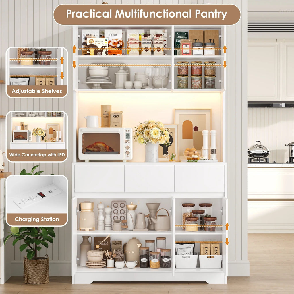 Homfa 70.9'' Tall Kitchen Pantry Cabinet with Charge Station & Led Light, 3 Drawer Storage Cabinet with Adjustable Shelves, White - image 12