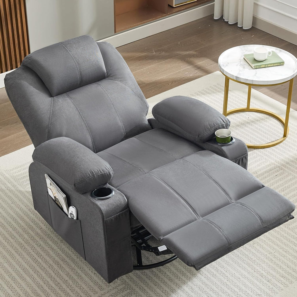 Oversized Swivel Rocker Recliner Chair with Heat and Massage, 360 Degree Swivel Rocking Single Sofa with Cup Holders and USB Port, Large Big Recliner Chair for Living Room (Leather, Brown) - image 49