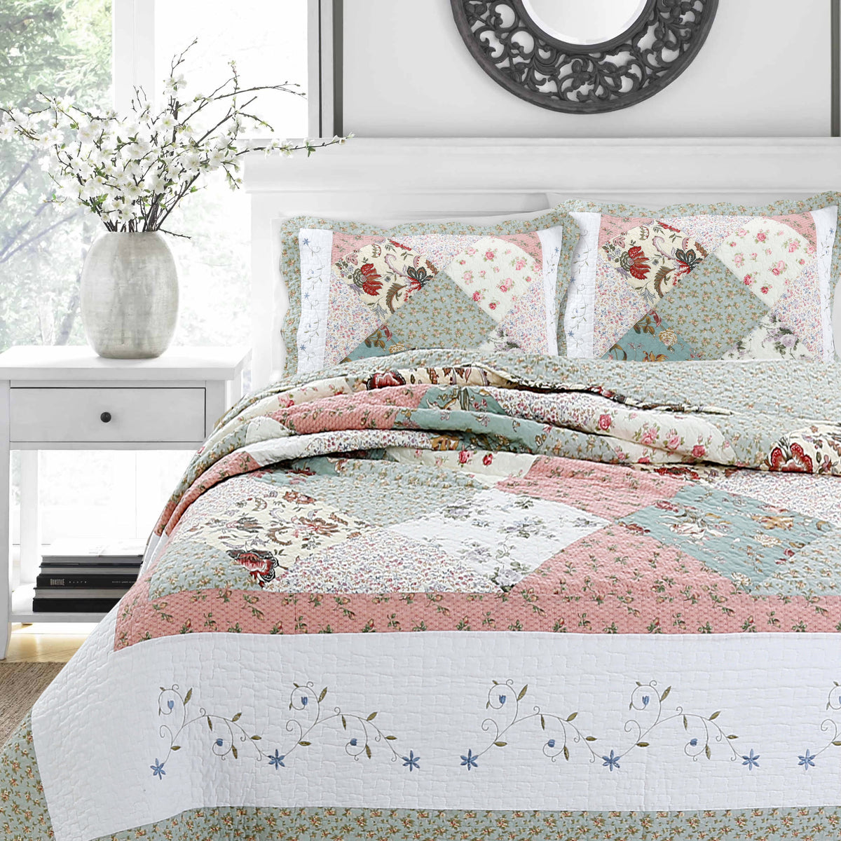 Cozy Line Home Floral Patchwork Cotton Reversible Queen Quilt Set, Blue, 3-Piece - image 1