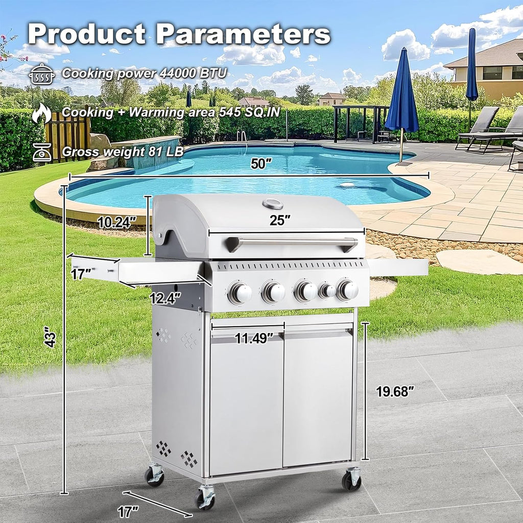 Upgraded 4 Burner BBQ Propane Gas Grill with Cast Iron Grates & Side Stove, 44,000 BTU Stainless Steel Burner Barbecue Grill 