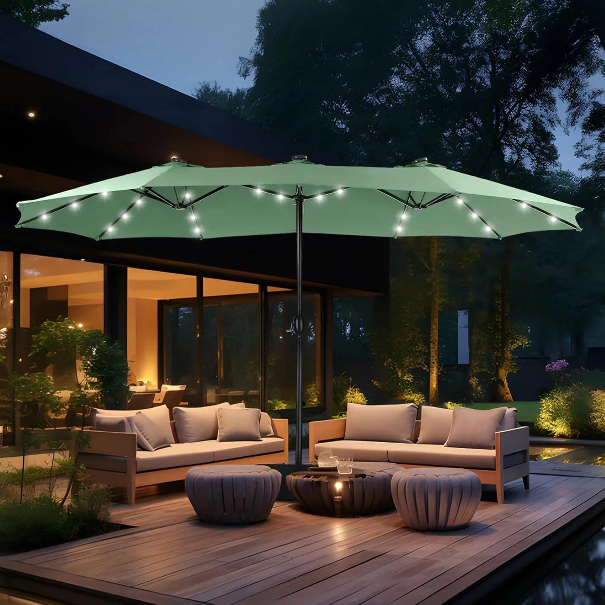15ft Double Sided Patio Umbrella with Solar Lights, Outdoor Large Umbrellas with Crank Handle and 36 LED Lights, Rectangular Market Umbrella with Base Included for Deck Pool Shade - image 1
