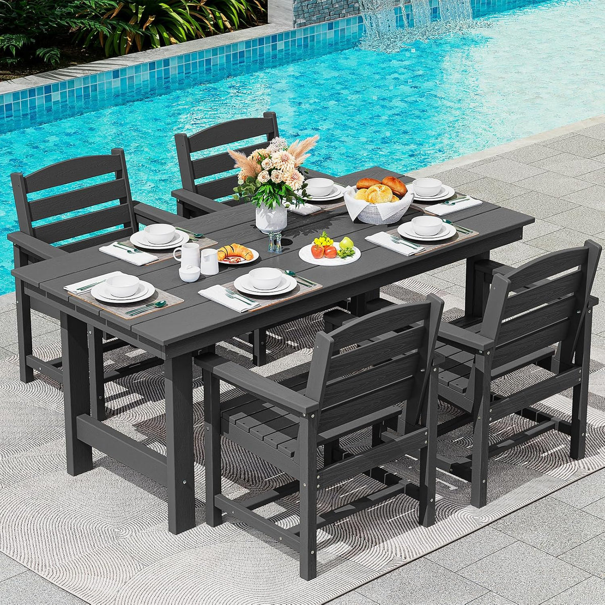 SERWALL 7-Piece Patio Table Set, Outdoor HDPE Dining Furniture with Umbrella Hole, All Weather Table and Chairs for Lawn, Garden, Poolside, Aruba - image 113