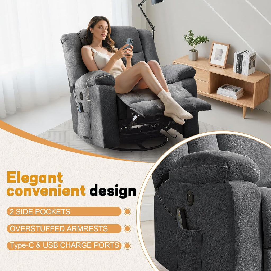 Rocker Recliner, Glider Recliner Chairs for Adults, 360° Swivel Rocking Chair with Massage and Heating, Nursery Chair with Storage and USB Charging for Living Room, Bedroom, Nursery - image 39