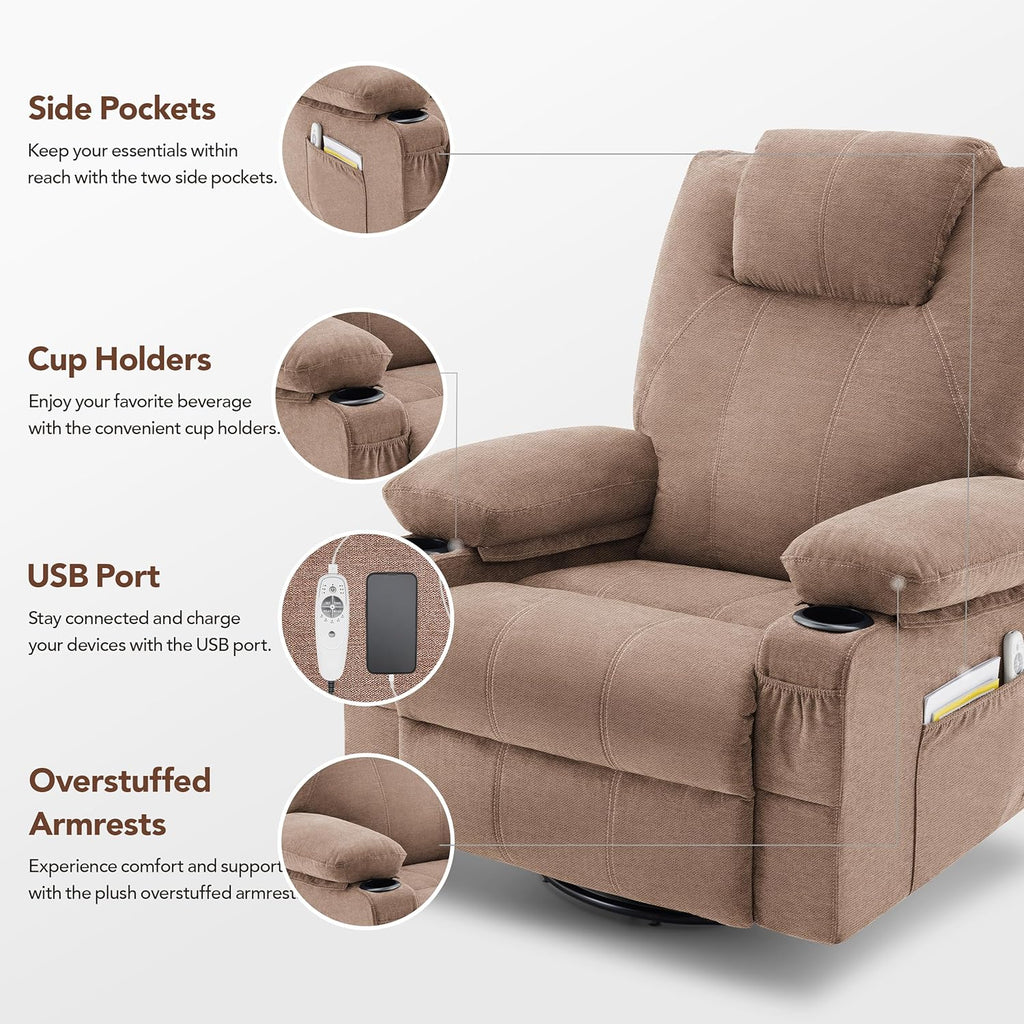 Oversized Swivel Rocker Recliner Chair with Heat and Massage, 360 Degree Swivel Rocking Single Sofa with Cup Holders and USB Port, Large Big Recliner Chair for Living Room (Leather, Brown) - image 11