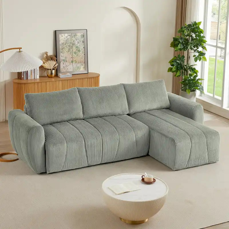 Grey 105.2" Corduroy L-Shaped Convertible Sleeper Sectional with Storage Compartment - image 6